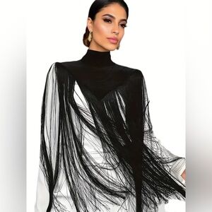 Tassel Trim Mock Neck Crop Shawl Cloak